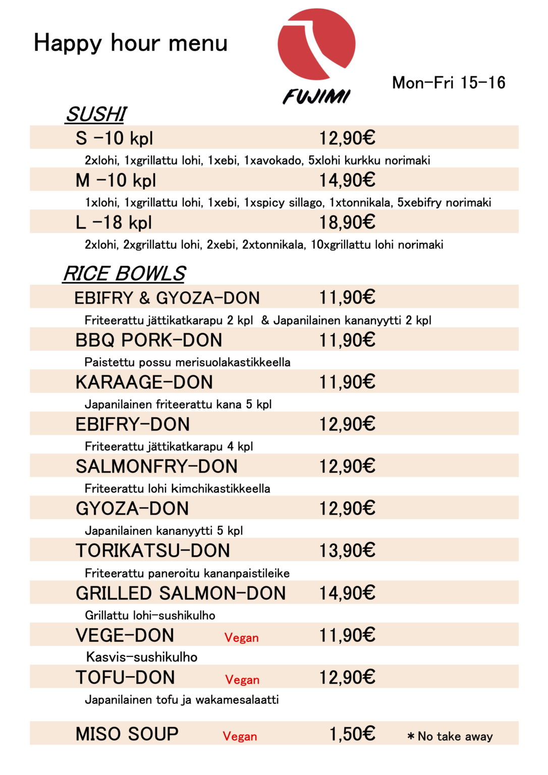 Happy Hour Menu Fujimi